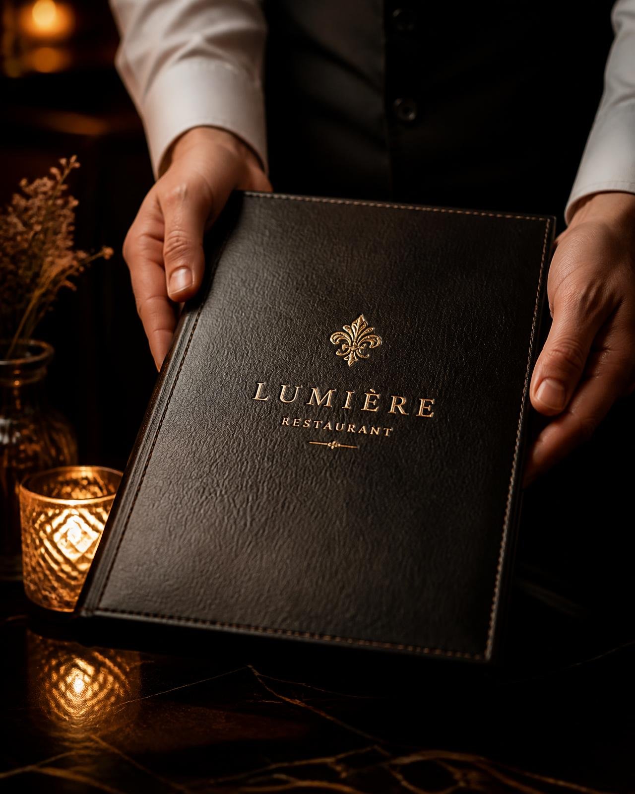 Waiter presenting a black leather menu cover with gold embossed logo