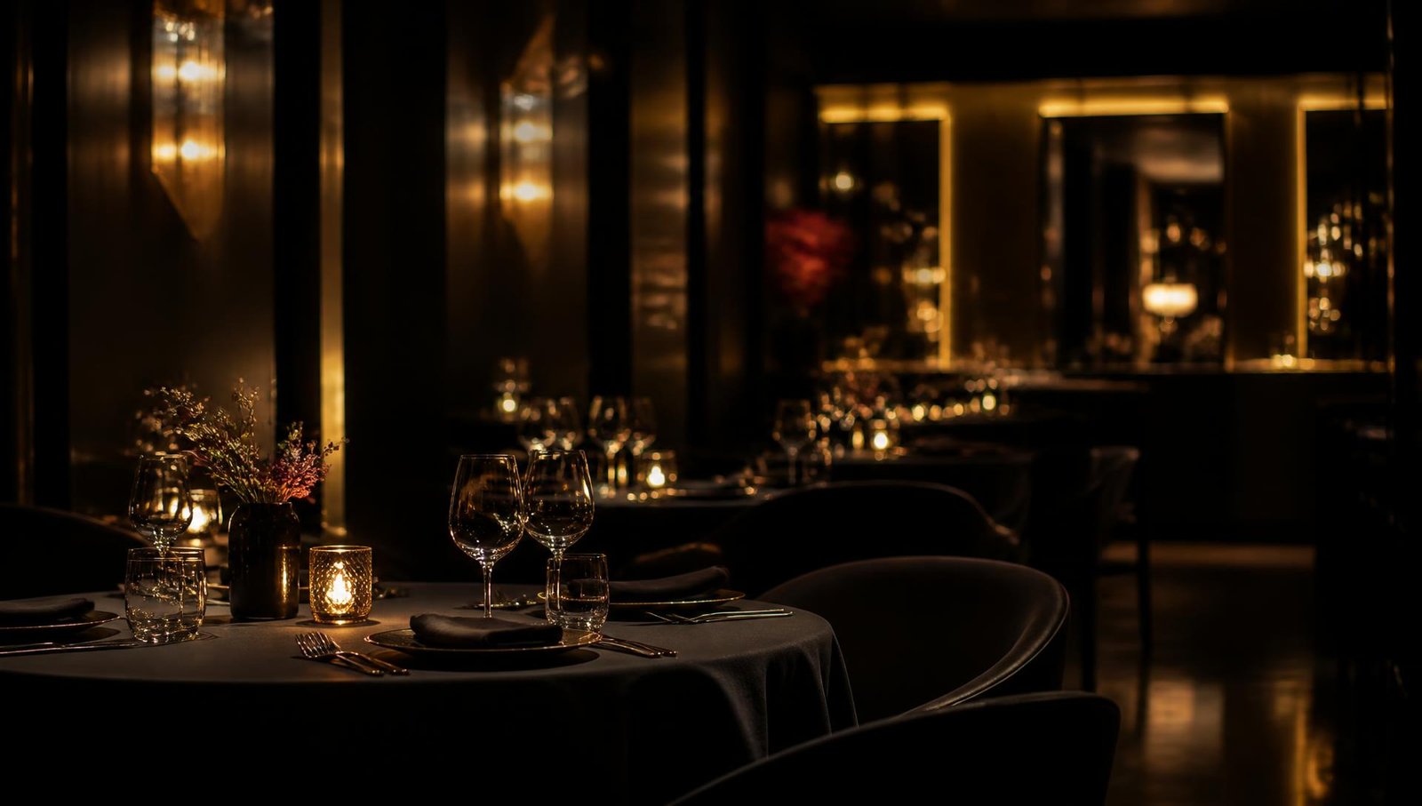 Dark cinematic fine dining restaurant interior