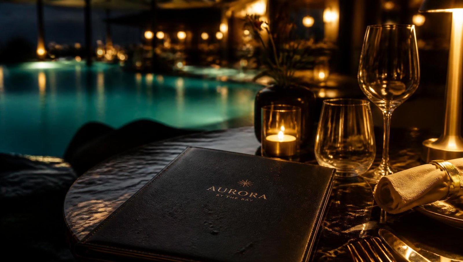 Luxury poolside restaurant table with a premium waterproof menu cover