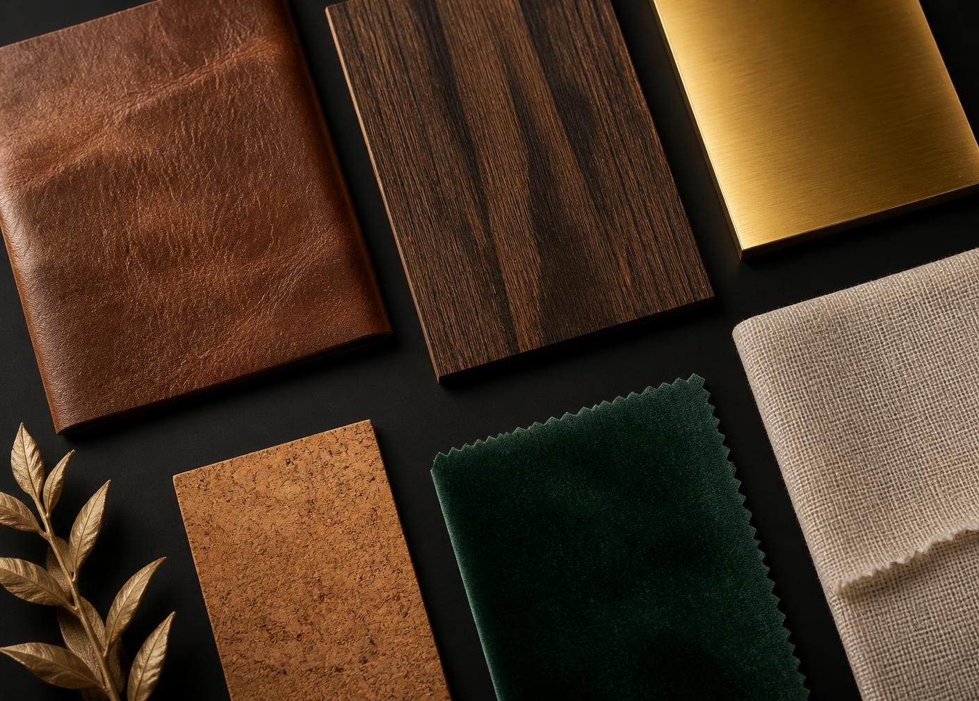 Luxury material swatches: leather, velvet, linen, wood, metal, acrylic, cork and canvas